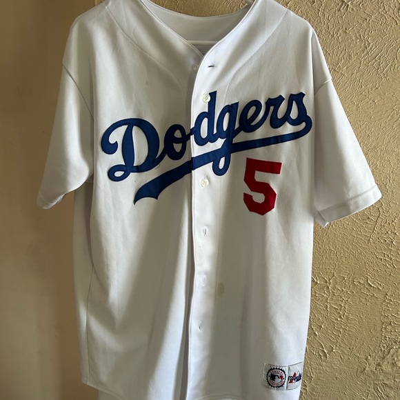 Dodgers #5 Majestic White Jersey with Blue and Red Accents
